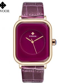 WWOOR Purple Watch Women Simple Style Quartz Rectangle Watch Top Brand Luxury Ladies Dress Wristwatches Leather Casual Big Clock