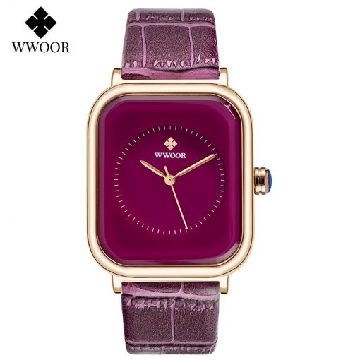 WWOOR Purple Watch Women Simple Style Quartz Rectangle Watch Top Brand Luxury Ladies Dress Wristwatches Leather Casual Big Clock