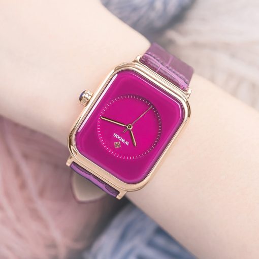 WWOOR Purple Watch Women Simple Style Quartz Rectangle Watch Top Brand Luxury Ladies Dress Wristwatches Leather Casual Big Clock