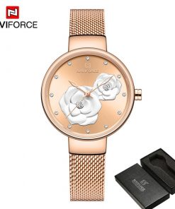 NAVIFORCE Women Watch Top Brand Luxury Silver Rose Gold Ladies Wristwatch Mesh Stainless Steel Bracelet Flower Female Clock 5013