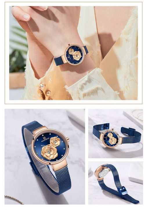 NAVIFORCE Women Watch Top Brand Luxury Silver Rose Gold Ladies Wristwatch Mesh Stainless Steel Bracelet Flower Female Clock 5013