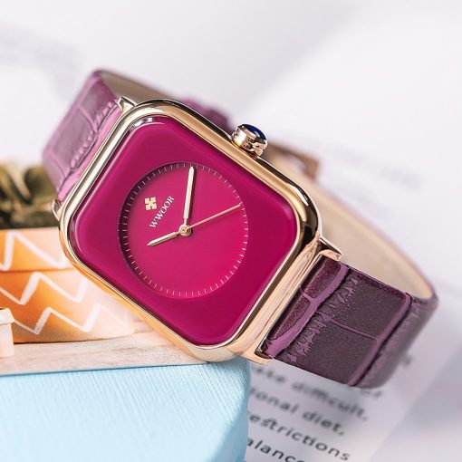 WWOOR Purple Watch Women Simple Style Quartz Rectangle Watch Top Brand Luxury Ladies Dress Wristwatches Leather Casual Big Clock