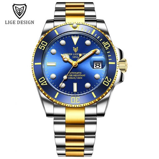 LIGE New Men Mechanical Wristwatch Stainless Steel 100ATM Waterproof Watch Top Brand Luxury Sports Men Watches Reloj Hombre