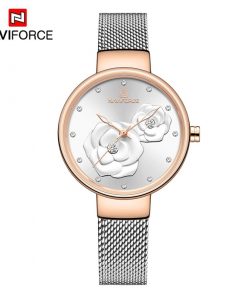 NAVIFORCE Women Watch Top Brand Luxury Silver Rose Gold Ladies Wristwatch Mesh Stainless Steel Bracelet Flower Female Clock 5013