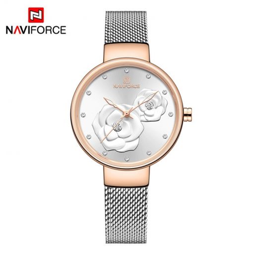 NAVIFORCE Women Watch Top Brand Luxury Silver Rose Gold Ladies Wristwatch Mesh Stainless Steel Bracelet Flower Female Clock 5013