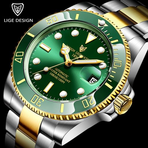 LIGE New Men Mechanical Wristwatch Stainless Steel 100ATM Waterproof Watch Top Brand Luxury Sports Men Watches Reloj Hombre