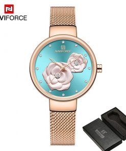 NAVIFORCE Women Watch Top Brand Luxury Silver Rose Gold Ladies Wristwatch Mesh Stainless Steel Bracelet Flower Female Clock 5013