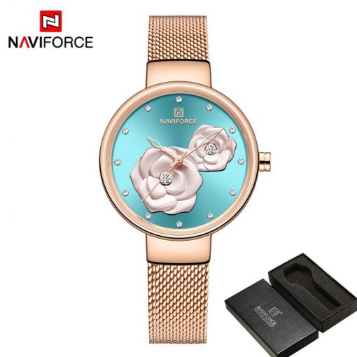 NAVIFORCE Women Watch Top Brand Luxury Silver Rose Gold Ladies Wristwatch Mesh Stainless Steel Bracelet Flower Female Clock 5013