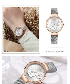 NAVIFORCE Women Watch Top Brand Luxury Silver Rose Gold Ladies Wristwatch Mesh Stainless Steel Bracelet Flower Female Clock 5013