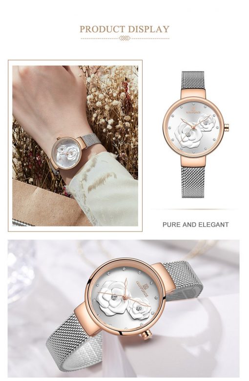 NAVIFORCE Women Watch Top Brand Luxury Silver Rose Gold Ladies Wristwatch Mesh Stainless Steel Bracelet Flower Female Clock 5013