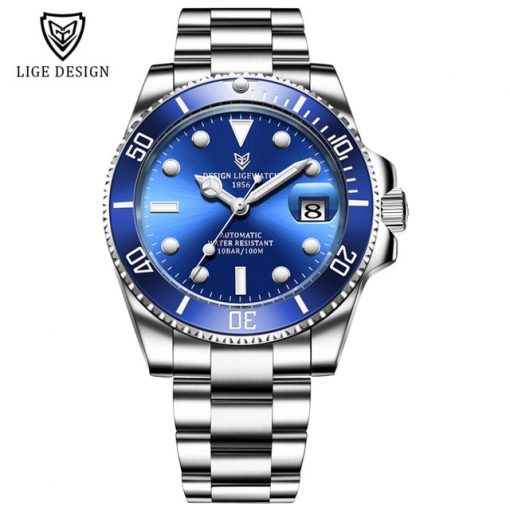 LIGE New Men Mechanical Wristwatch Stainless Steel 100ATM Waterproof Watch Top Brand Luxury Sports Men Watches Reloj Hombre