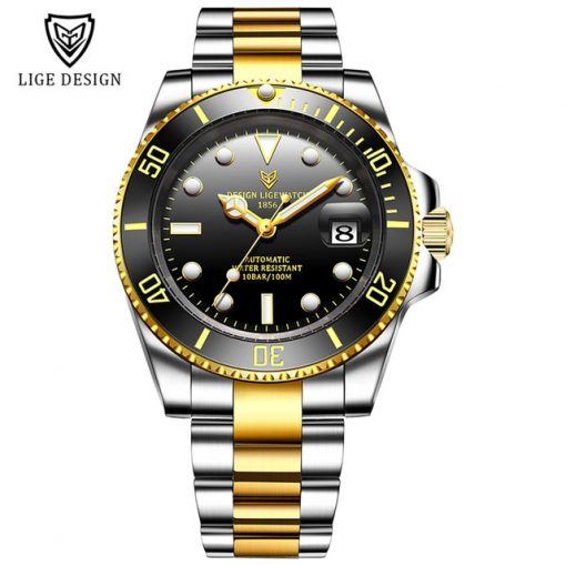 LIGE New Men Mechanical Wristwatch Stainless Steel 100ATM Waterproof Watch Top Brand Luxury Sports Men Watches Reloj Hombre