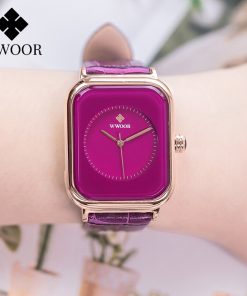 WWOOR Purple Watch Women Simple Style Quartz Rectangle Watch Top Brand Luxury Ladies Dress Wristwatches Leather Casual Big Clock