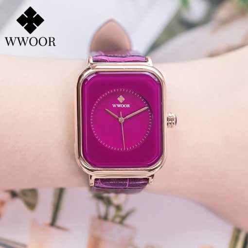 WWOOR Purple Watch Women Simple Style Quartz Rectangle Watch Top Brand Luxury Ladies Dress Wristwatches Leather Casual Big Clock