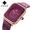 WWOOR Purple Watch Women Simple Style Quartz Rectangle Watch Top Brand Luxury Ladies Dress Wristwatches Leather Casual Big Clock