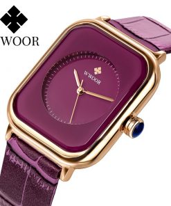 WWOOR Purple Watch Women Simple Style Quartz Rectangle Watch Top Brand Luxury Ladies Dress Wristwatches Leather Casual Big Clock