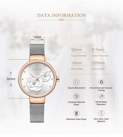 NAVIFORCE Women Watch Top Brand Luxury Silver Rose Gold Ladies Wristwatch Mesh Stainless Steel Bracelet Flower Female Clock 5013