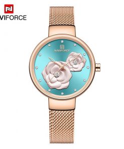 NAVIFORCE Women Watch Top Brand Luxury Silver Rose Gold Ladies Wristwatch Mesh Stainless Steel Bracelet Flower Female Clock 5013