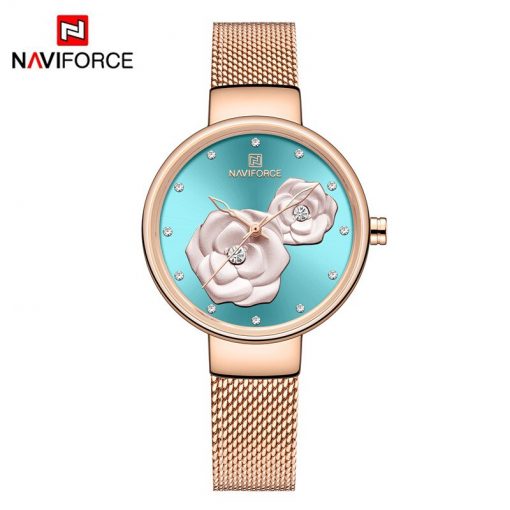 NAVIFORCE Women Watch Top Brand Luxury Silver Rose Gold Ladies Wristwatch Mesh Stainless Steel Bracelet Flower Female Clock 5013