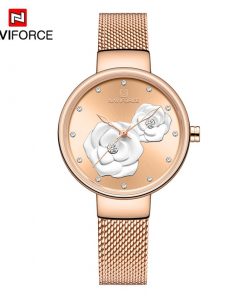 NAVIFORCE Women Watch Top Brand Luxury Silver Rose Gold Ladies Wristwatch Mesh Stainless Steel Bracelet Flower Female Clock 5013