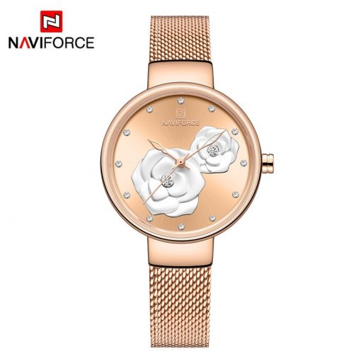 NAVIFORCE Women Watch Top Brand Luxury Silver Rose Gold Ladies Wristwatch Mesh Stainless Steel Bracelet Flower Female Clock 5013