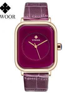 WWOOR Purple Watch Women Simple Style Quartz Rectangle Watch Top Brand Luxury Ladies Dress Wristwatches Leather Casual Big Clock