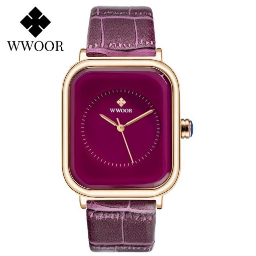 WWOOR Purple Watch Women Simple Style Quartz Rectangle Watch Top Brand Luxury Ladies Dress Wristwatches Leather Casual Big Clock