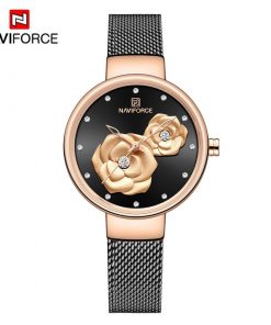 NAVIFORCE Women Watch Top Brand Luxury Silver Rose Gold Ladies Wristwatch Mesh Stainless Steel Bracelet Flower Female Clock 5013