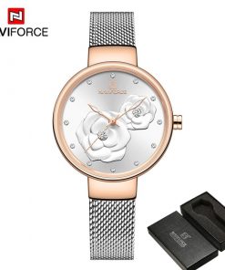 NAVIFORCE Women Watch Top Brand Luxury Silver Rose Gold Ladies Wristwatch Mesh Stainless Steel Bracelet Flower Female Clock 5013