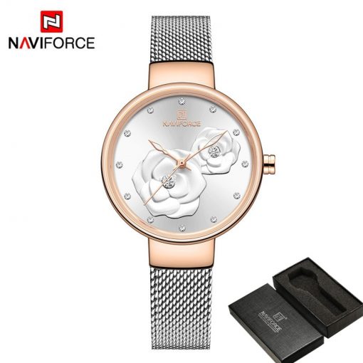 NAVIFORCE Women Watch Top Brand Luxury Silver Rose Gold Ladies Wristwatch Mesh Stainless Steel Bracelet Flower Female Clock 5013