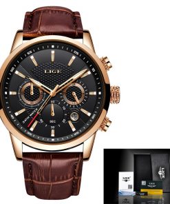 New Mens Watches LIGE Top Brand Leather Chronograph Waterproof Sport Automatic Date Quartz Watch For Men Relogio Masculino