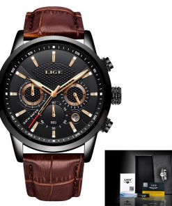 New Mens Watches LIGE Top Brand Leather Chronograph Waterproof Sport Automatic Date Quartz Watch For Men Relogio Masculino