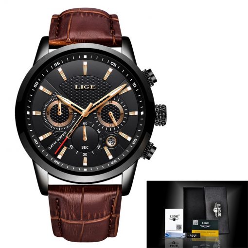 New Mens Watches LIGE Top Brand Leather Chronograph Waterproof Sport Automatic Date Quartz Watch For Men Relogio Masculino