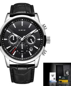 New Mens Watches LIGE Top Brand Leather Chronograph Waterproof Sport Automatic Date Quartz Watch For Men Relogio Masculino