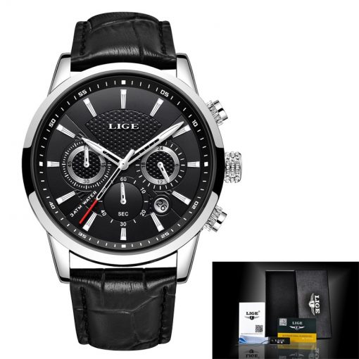 New Mens Watches LIGE Top Brand Leather Chronograph Waterproof Sport Automatic Date Quartz Watch For Men Relogio Masculino