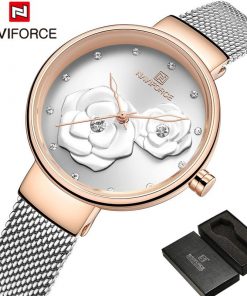 NAVIFORCE Women Watch Top Brand Luxury Silver Rose Gold Ladies Wristwatch Mesh Stainless Steel Bracelet Flower Female Clock 5013