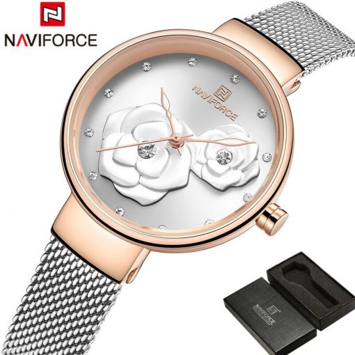 NAVIFORCE Women Watch Top Brand Luxury Silver Rose Gold Ladies Wristwatch Mesh Stainless Steel Bracelet Flower Female Clock 5013