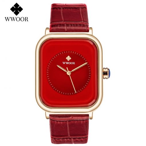 WWOOR Purple Watch Women Simple Style Quartz Rectangle Watch Top Brand Luxury Ladies Dress Wristwatches Leather Casual Big Clock