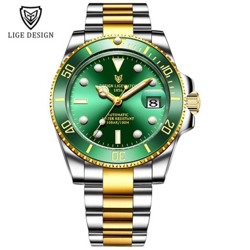 LIGE New Men Mechanical Wristwatch Stainless Steel 100ATM Waterproof Watch Top Brand Luxury Sports Men Watches Reloj Hombre