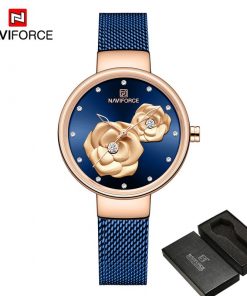 NAVIFORCE Women Watch Top Brand Luxury Silver Rose Gold Ladies Wristwatch Mesh Stainless Steel Bracelet Flower Female Clock 5013