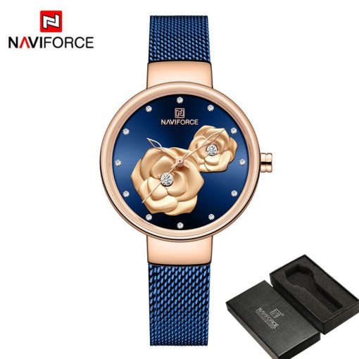 NAVIFORCE Women Watch Top Brand Luxury Silver Rose Gold Ladies Wristwatch Mesh Stainless Steel Bracelet Flower Female Clock 5013