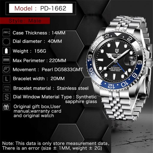 PAGANI DESIGN GMT 40mm Mechanical Watch Men's Top Brand Stainless Steel Sports Waterproof Automatic Watch Relogio Masculino