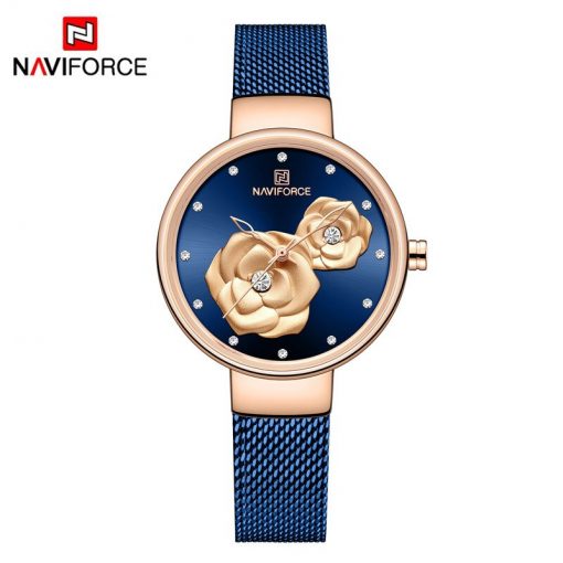 NAVIFORCE Women Watch Top Brand Luxury Silver Rose Gold Ladies Wristwatch Mesh Stainless Steel Bracelet Flower Female Clock 5013