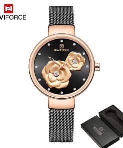 NAVIFORCE Women Watch Top Brand Luxury Silver Rose Gold Ladies Wristwatch Mesh Stainless Steel Bracelet Flower Female Clock 5013