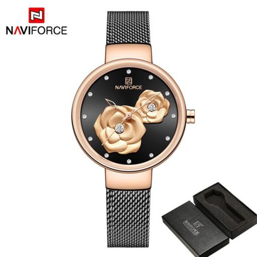 NAVIFORCE Women Watch Top Brand Luxury Silver Rose Gold Ladies Wristwatch Mesh Stainless Steel Bracelet Flower Female Clock 5013