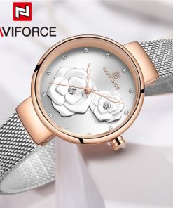 NAVIFORCE Women Watch Top Brand Luxury Silver Rose Gold Ladies Wristwatch Mesh Stainless Steel Bracelet Flower Female Clock 5013