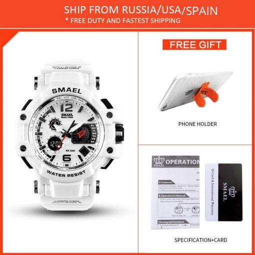 SMAEL Men Watches White Casual Watches Men LED Digital 50M Waterproof Sport Watch S Shock Watch 1509 relogio masculino