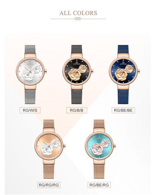 NAVIFORCE Women Watch Top Brand Luxury Silver Rose Gold Ladies Wristwatch Mesh Stainless Steel Bracelet Flower Female Clock 5013