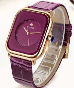 WWOOR Purple Watch Women Simple Style Quartz Rectangle Watch Top Brand Luxury Ladies Dress Wristwatches Leather Casual Big Clock