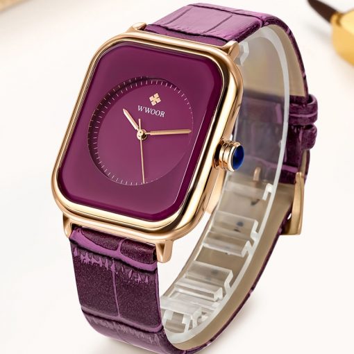 WWOOR Purple Watch Women Simple Style Quartz Rectangle Watch Top Brand Luxury Ladies Dress Wristwatches Leather Casual Big Clock